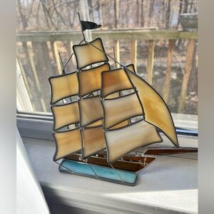 Vintage 3D Stained Glass Artisian Table Top Sailboat Schooner Suncatcher
